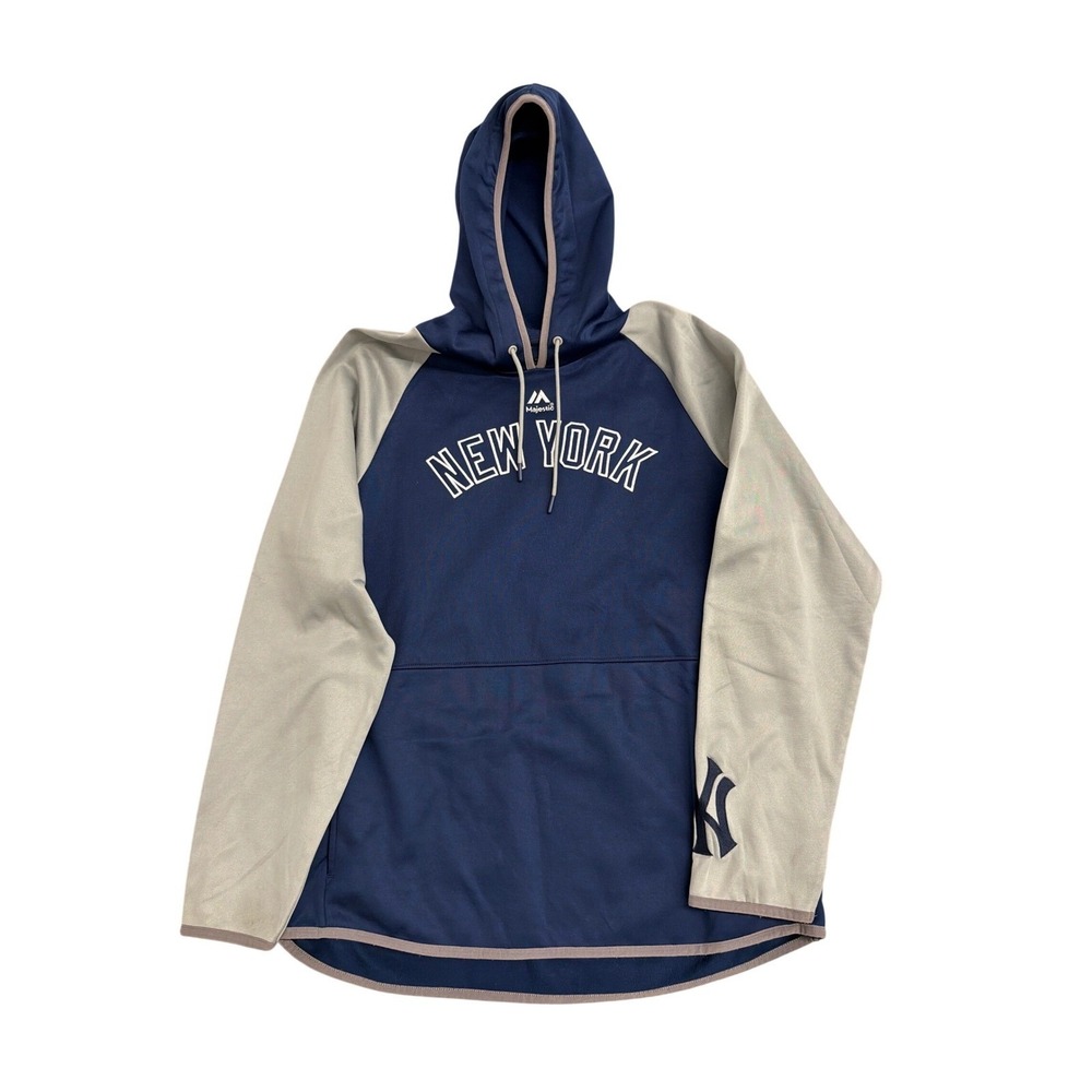 Majestic New York Yankees MLB Hoodie Mens Large Navy Blue Grey Raglan Pullover